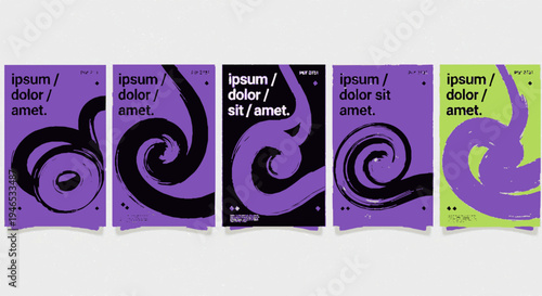 Purple and black swirl brochure templates on gray background for business or marketing use