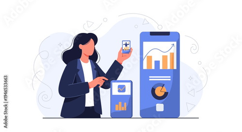 Businesswoman analyzing financial data on smartphones, digital analytics and growth charts