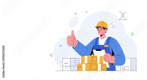 Warehouse worker giving thumbs up with boxes, illustration