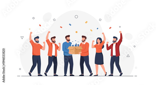 Team celebrating success with confetti and gift box, diverse people cheering