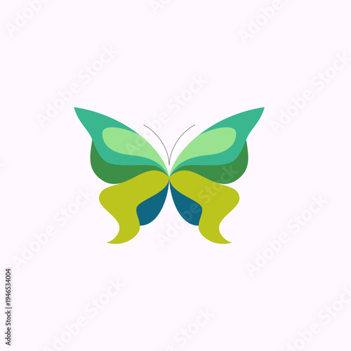 Vector illustration of a colorful geometric butterfly with bright wings in a modern flat design. Symmetrical abstract butterfly isolated on a light background