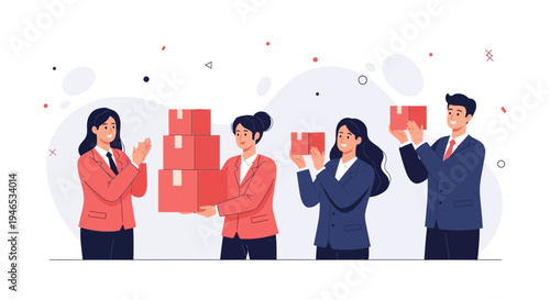 Teamwork in business: people carrying and stacking boxes, logistics and delivery concept