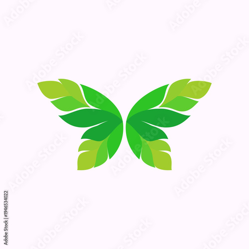 Vector illustration of a green geometric butterfly with leaf-shaped wings. The abstract symmetrical butterfly is isolated on a light background