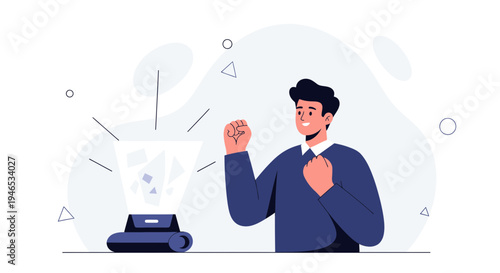 Man celebrating success with holographic projection of digital data