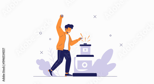 Excited man pressing button, celebrating success, achievement, winning, goal concept