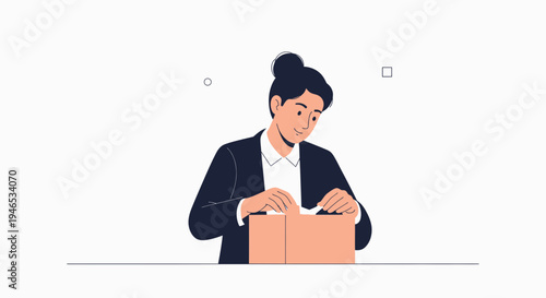 Woman in Business Suit Opening a Cardboard Box, Unboxing Concept
