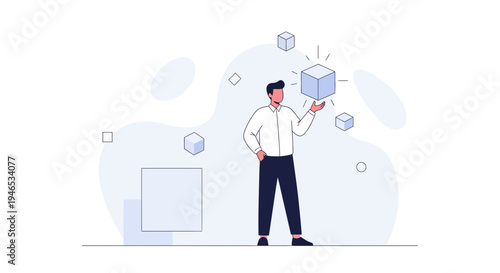 Man holding a glowing cube, representing innovation, ideas, and technology