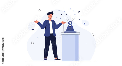 Man Presenting Projector with Confetti, Business Presentation Concept