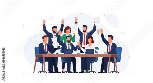 Business Team Celebrating Success with Raised Hands and Documents at Meeting Table