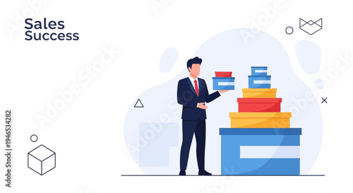 Sales Success: Businessman Stacking Gift Boxes, Business Growth Concept