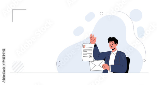 Man in suit raising hand with documents and envelope, business meeting concept