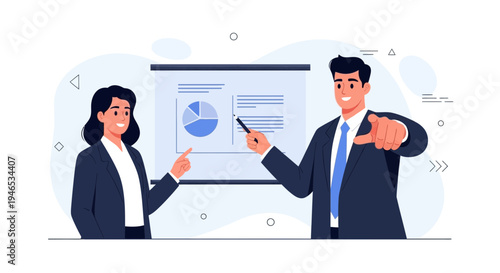 Business presentation with pie chart and data analysis by smiling colleagues