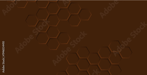 Dark brown geometric background featuring hexagonal shapes and honeycomb structure. Minimal modern design with copy space for presentations or templates.