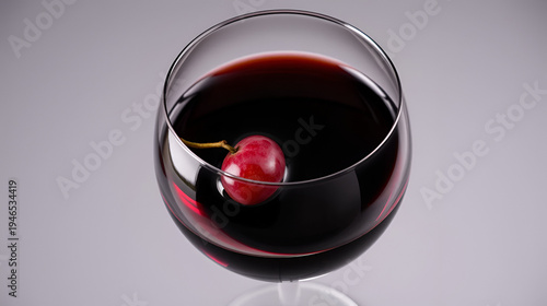 A single red grape rests on the rim of a stemmed wine glass filled with dark red wine, the liquid swirling inside the glass.