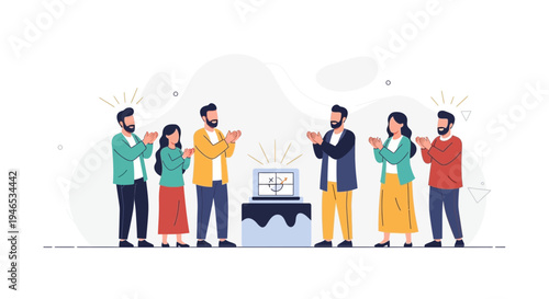 Team Applauding Success Presentation on Laptop Screen, Business Achievement