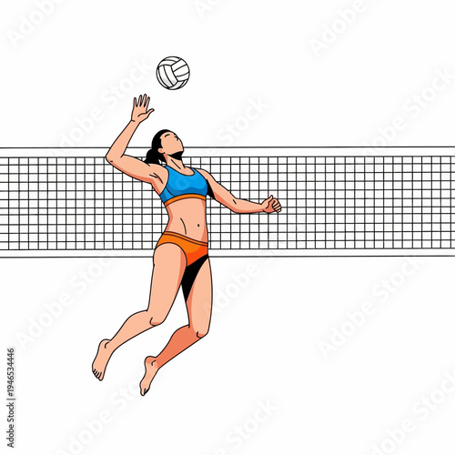 Woman playing beach volleyball, jumping to hit the ball over the net