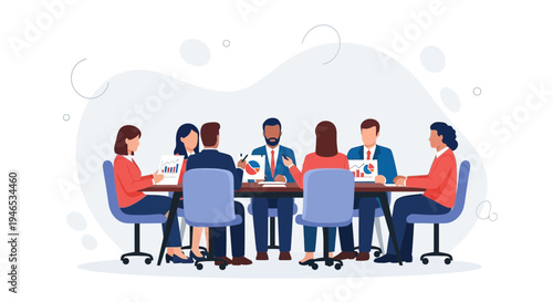 Diverse business team in a meeting, discussing charts and graphs at a conference table.