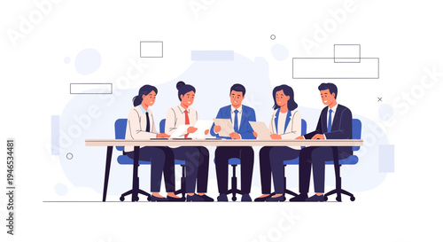 Diverse business team meeting around a table, discussing documents and collaborating.