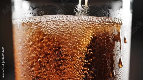 Pouring Fizzy Brown Soda Into a Glass, Bubbles Rising, Condensation on Glass