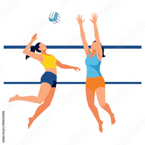 Women playing beach volleyball, jumping to spike and block the ball
