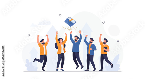 Team celebrating success, throwing a gift box in the air, teamwork achievement