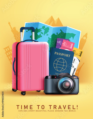 Travel Time clipart poster design. Time to Travel text with traveler elements clip art like luggage bag, camera, passport and location map in landmark orange background for international flight 