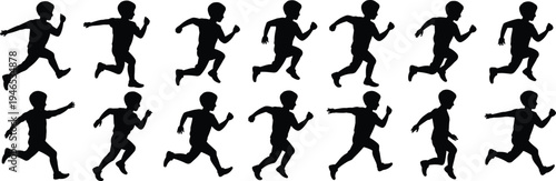 Children running silhouette set with multiple boy sprinting and jogging poses isolated on white background for sports, fitness, playground and activity design