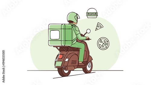 Un ilustrador vectorial de un chico de reparto sonriente con un paquete en mano, listo para entregar en un entorno urbano soleado, perfecto para conceptos de logística y entrega.