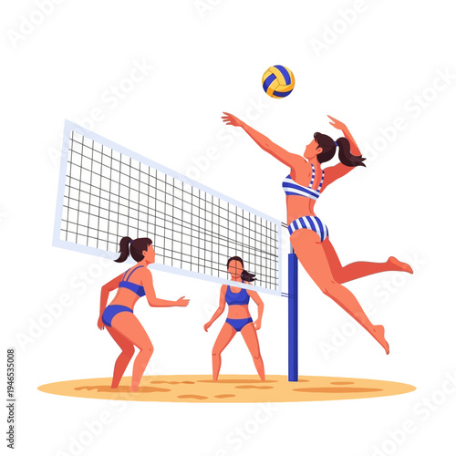 Beach volleyball game: women playing sport on sand, action shot, summer fun