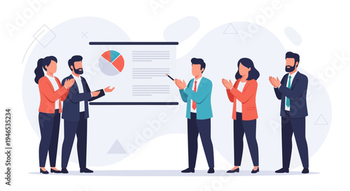 Business team presenting a chart on a whiteboard during a meeting, successful presentation