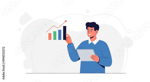 Man presenting financial growth chart with tablet, business success concept