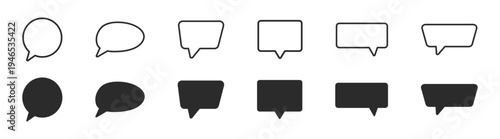 Speech bubble icons vector set, chat comment message balloons in outline and solid style, dialog communication symbols collection isolated on transparent background
