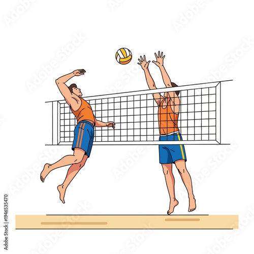 Beach Volleyball Players Jumping for Ball Over Net
