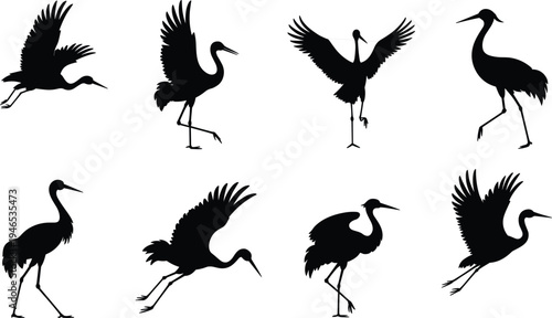 Crane bird silhouette collection with flying, standing and landing poses isolated on white background for wildlife, nature illustration and logo design