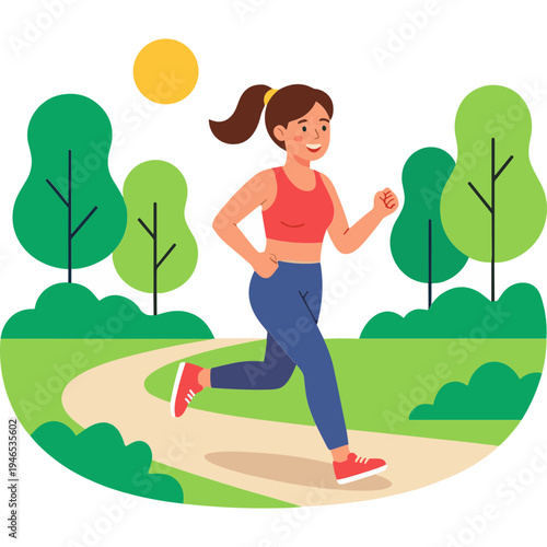 Woman jogging on a sunny path through trees in the park outdoors