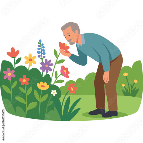 An elderly man sniffs a flower in a lush garden with various colorful blooms.