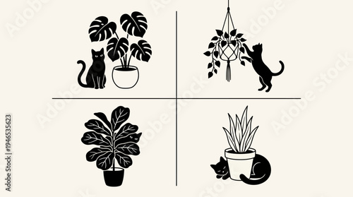 Whimsical black and white illustrations of playful cats interacting with houseplants, creating a cozy and charming domestic scene