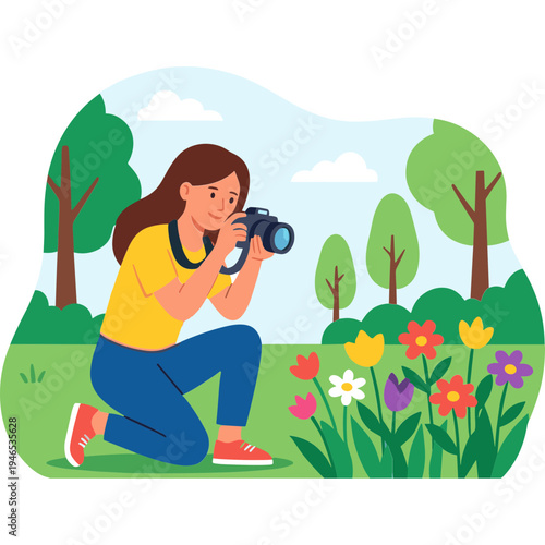 Woman taking photos of colorful flowers in the park with camera