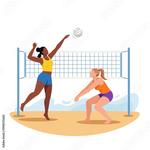Diverse Women Playing Beach Volleyball - Sport and Recreation on Sandy Court