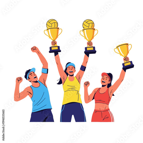 Diverse Team Celebrating Victory with Trophies and Volleyball