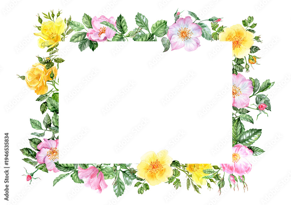 Obraz premium Rectangular banner with pink and yellow rosehip flowers all around