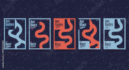 Six beer bottle labels with colorful designs on a dark background