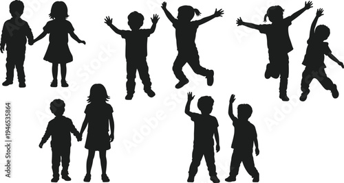 Children silhouette set with happy kids jumping, waving and holding hands isolated on white background for childhood, friendship and education design