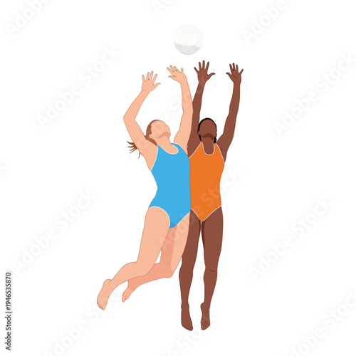 Two women playing beach volleyball, jumping to hit ball, sport illustration