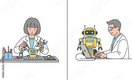Scientists developing and programming robots in laboratory robotics engineering artificial intelligence technology research concept with engineers building and testing robot system illustration