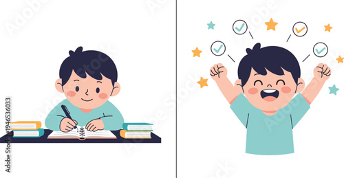 Student success concept with boy studying and writing in notebook with books and celebrating achievement after completing homework or exam education illustration