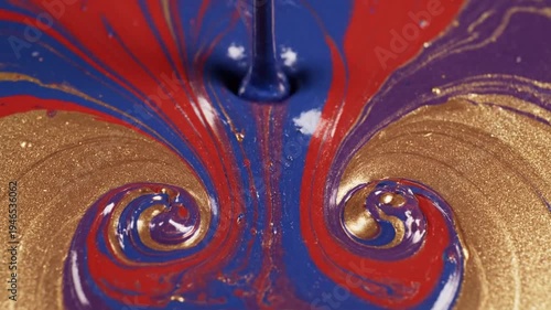 Abstract Macro Flowing Paint: Red, Blue, and Gold Swirling Textures