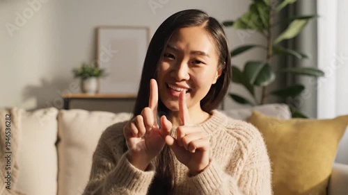 Young Asian woman points to her temples, thinking, idea, focus, indoor