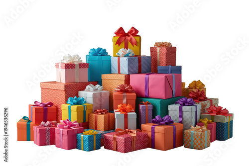 Stack of numerous colorful gifts and presents with bows, ribbons, and wrapping paper for celebrating holidays or birthdays