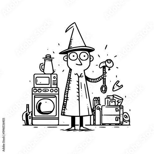 Cartoon wizard repairing appliances with a telephone in hand standing in a cluttered room with a washing machine and kettle